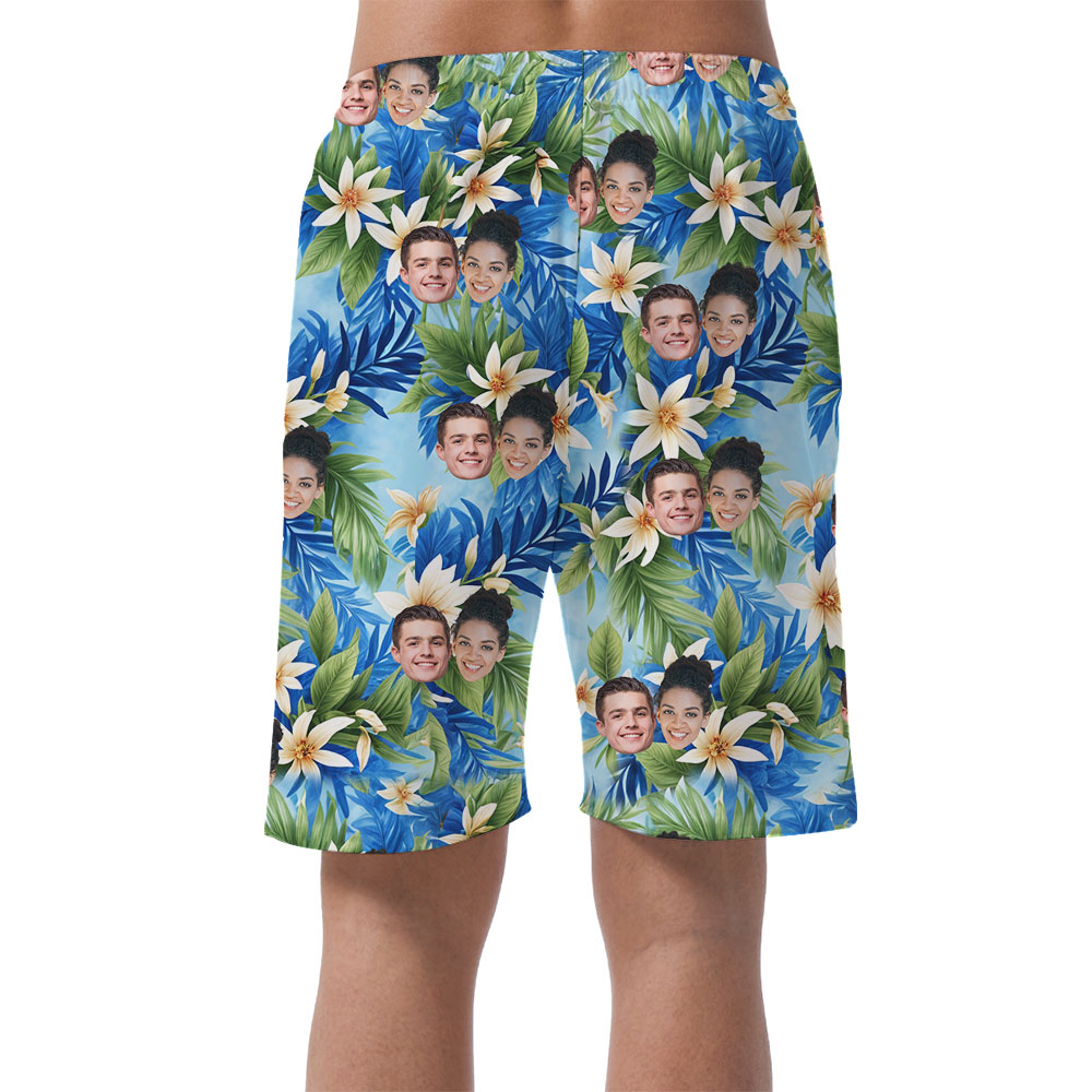 Blue Men's Beach Shorts With Floral And Multiple Faces
