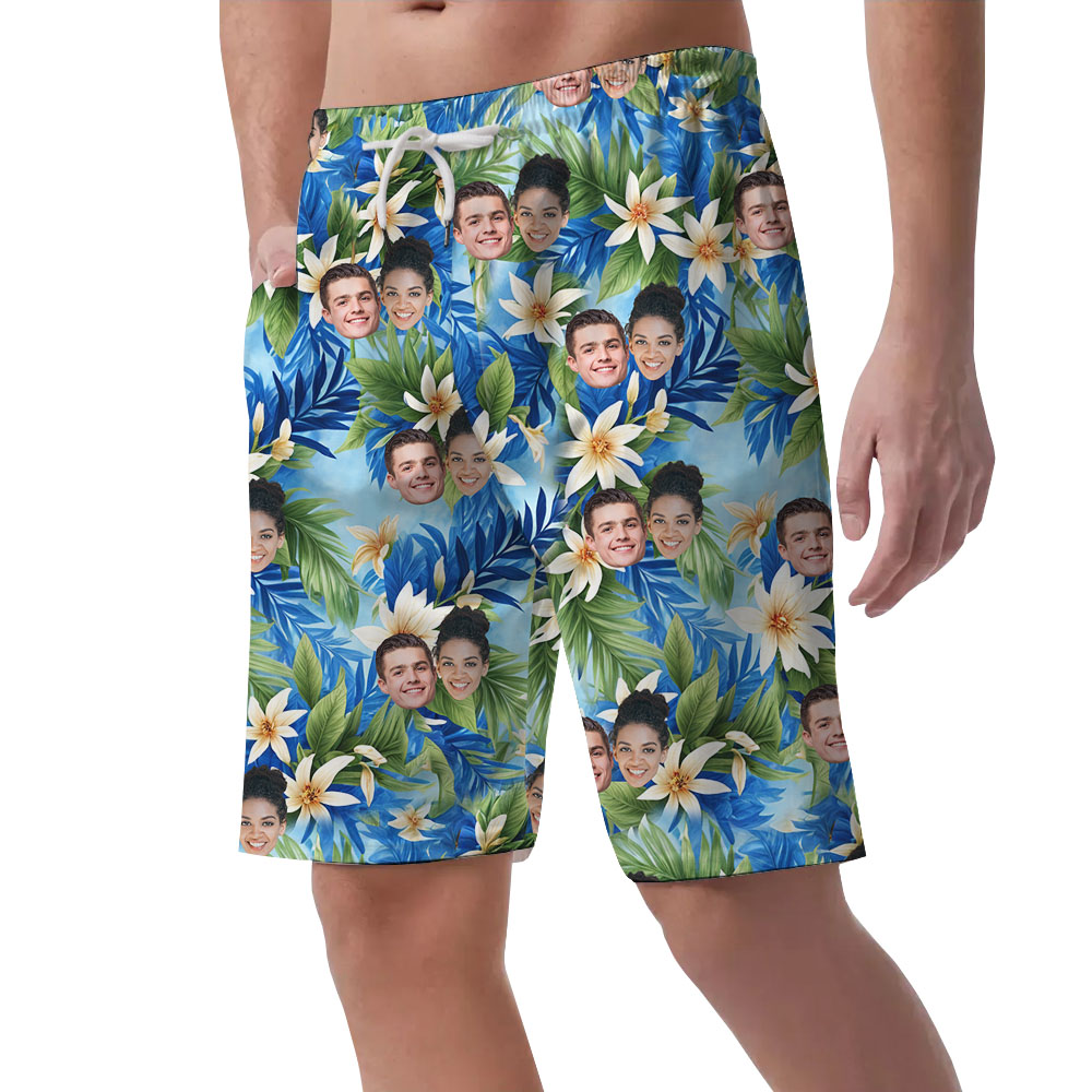 Blue Men's Beach Shorts With Floral And Multiple Faces