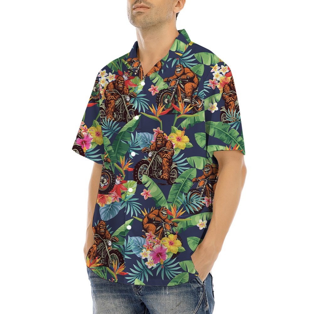 Funny Bigfoot Riding Motorcycle Tropical Hawaiian Shirt