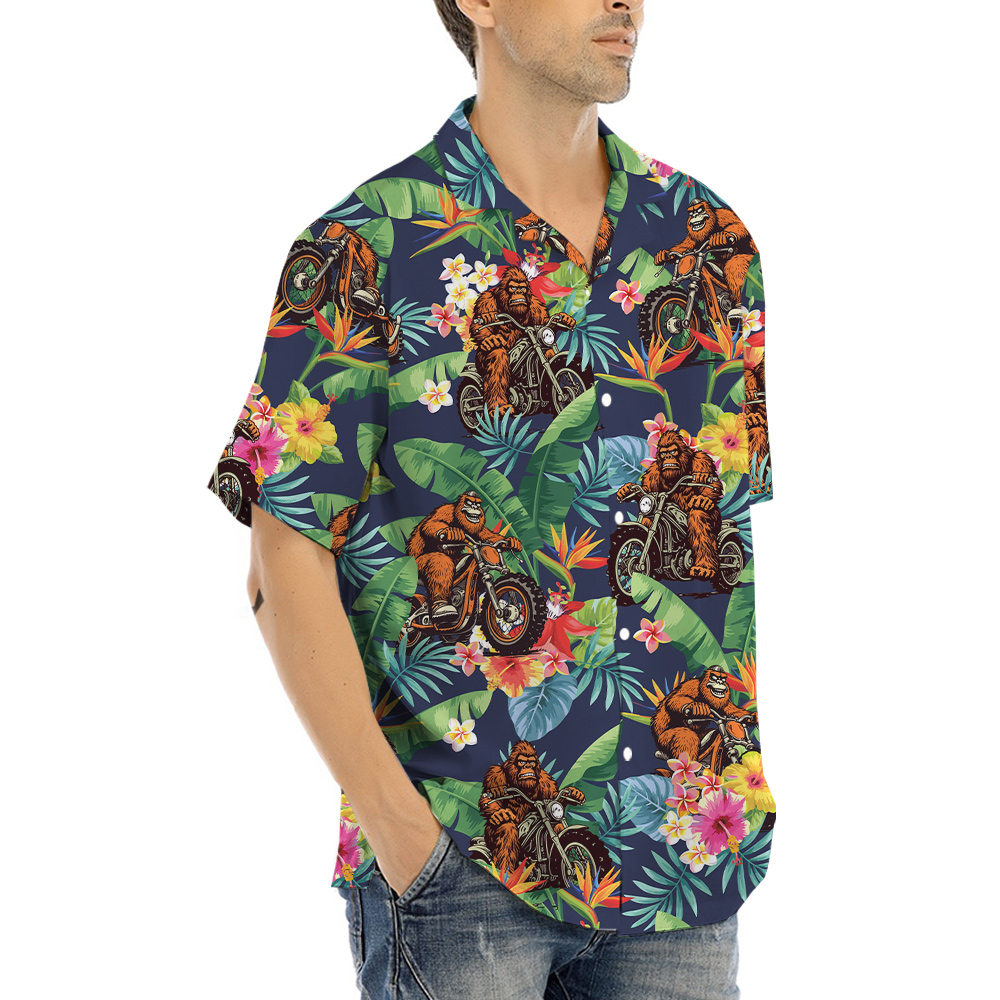 Funny Bigfoot Riding Motorcycle Tropical Hawaiian Shirt
