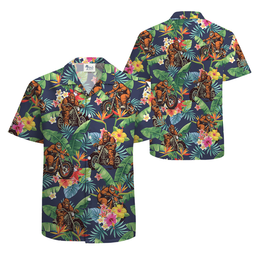 Funny Bigfoot Riding Motorcycle Tropical Hawaiian Shirt