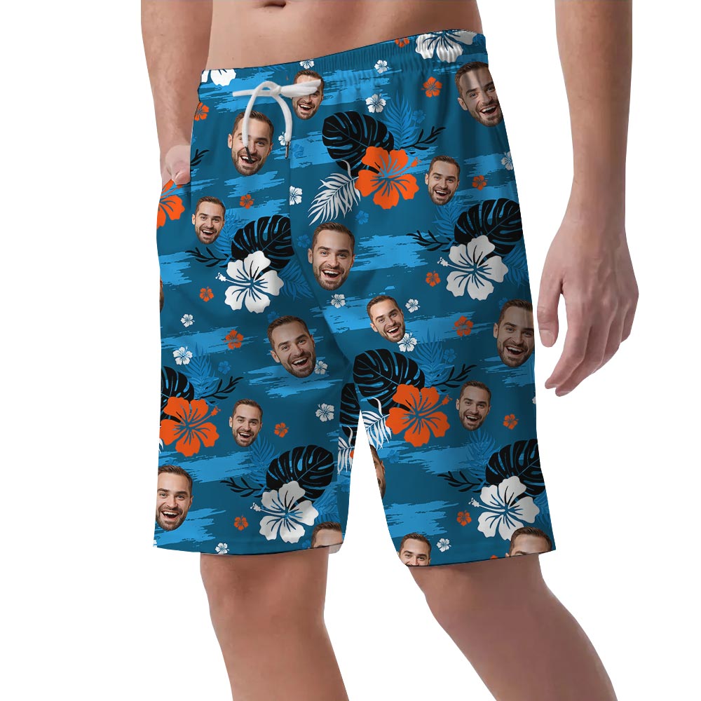 Cool Blue Men's Hawaiian Shorts With Faces For Summer