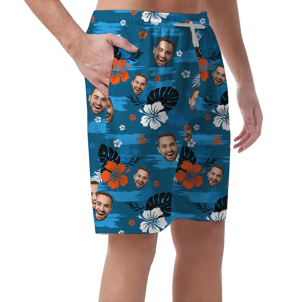 Cool Blue Men's Hawaiian Shorts With Faces For Summer