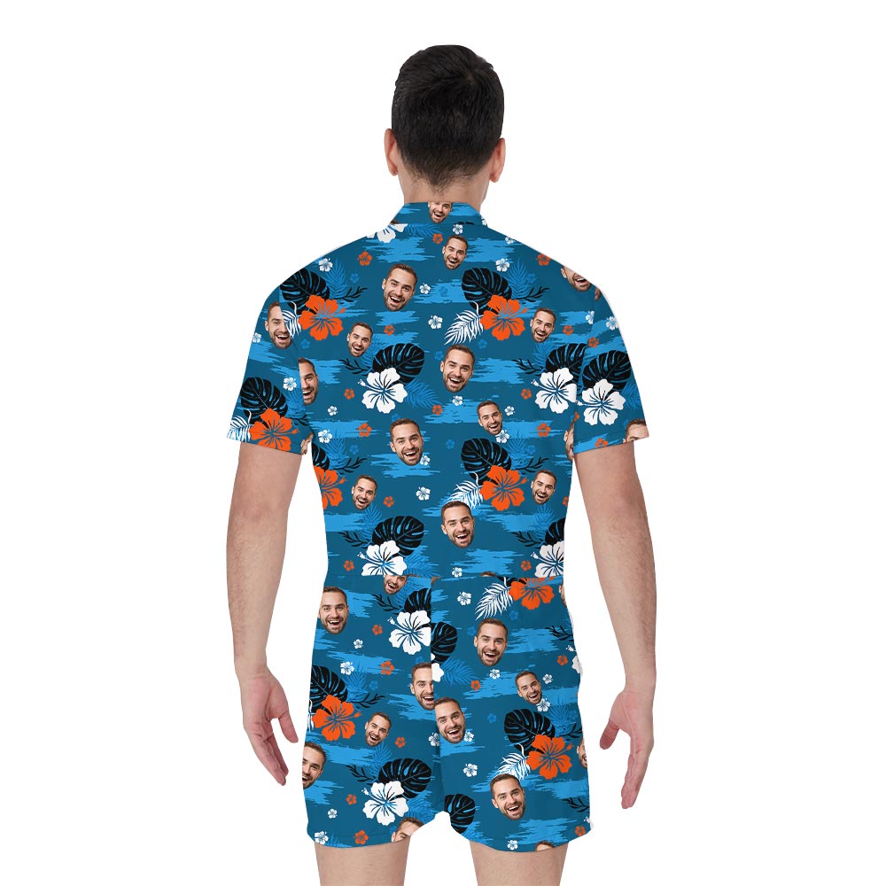 Blue Tropical Male One Piece Romper With Custom Face