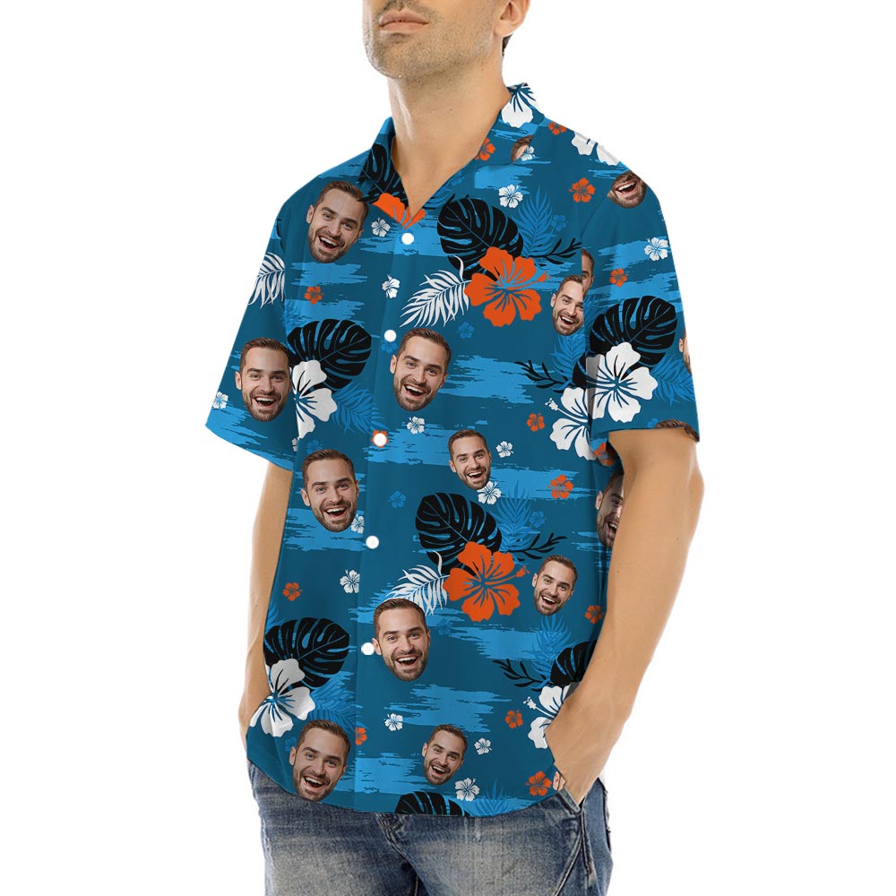 Blue Hawaiian Collared Shirt With Custom Multiple Faces