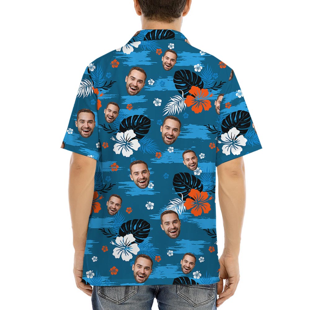 Blue Hawaiian Collared Shirt With Custom Multiple Faces