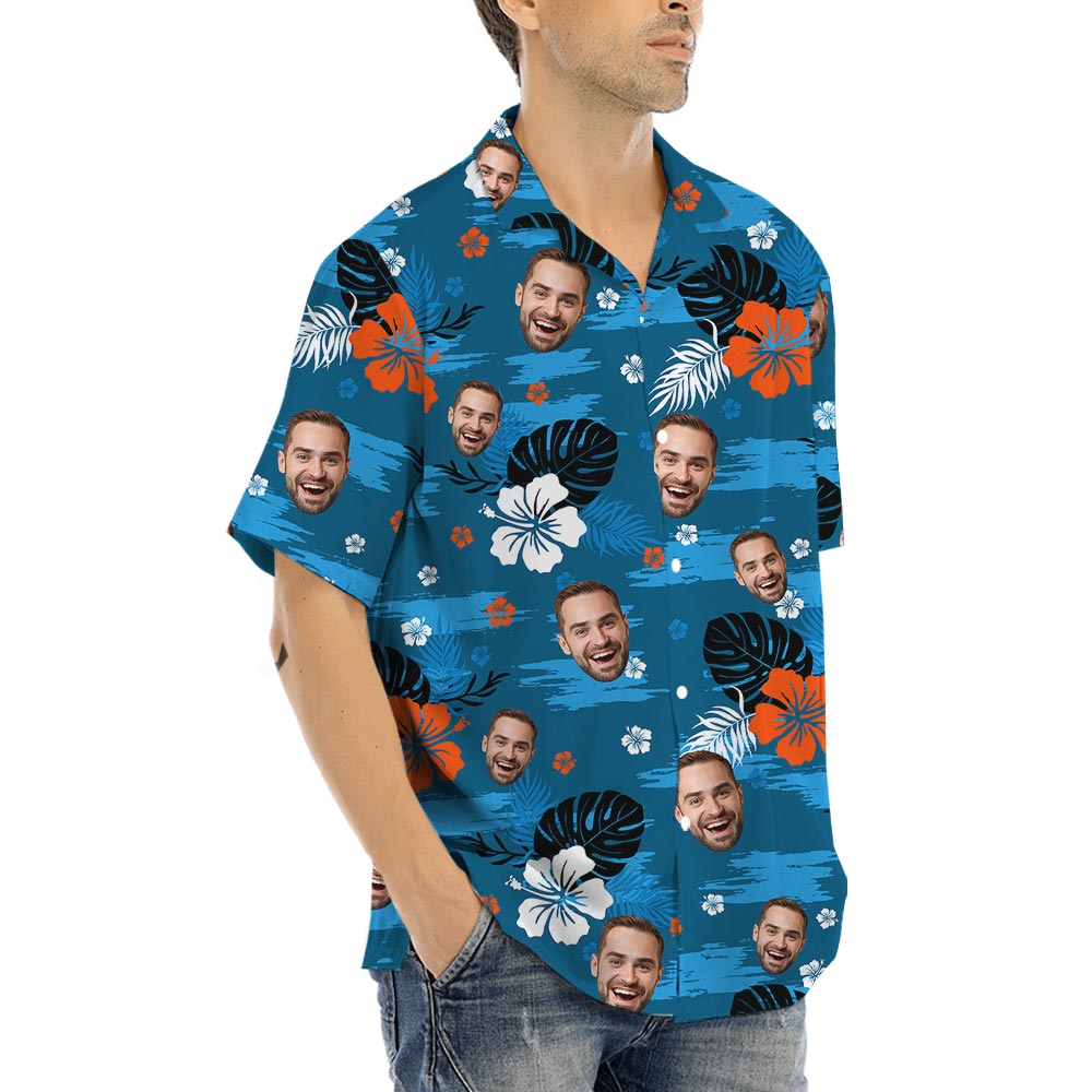 Blue Hawaiian Collared Shirt With Custom Multiple Faces