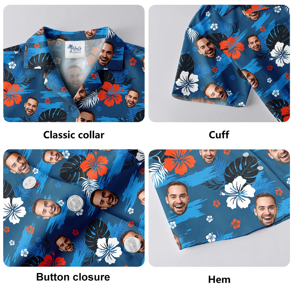 Blue Hawaiian Collared Shirt With Custom Multiple Faces