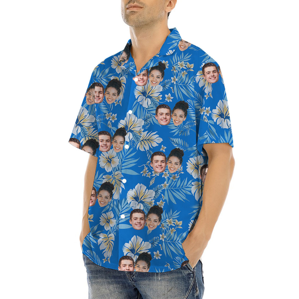 Personalized 1-5 Faces Blue Male Hawaiian Shirts