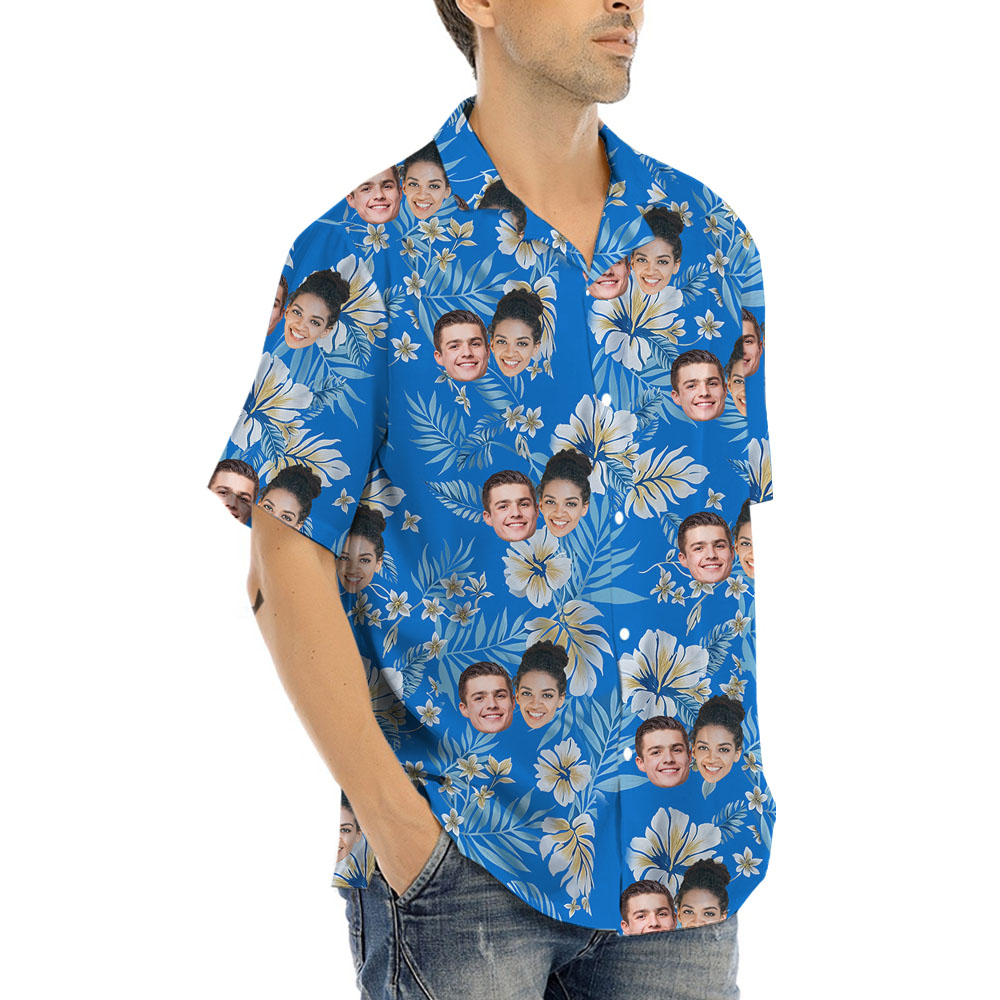 Personalized 1-5 Faces Blue Male Hawaiian Shirts