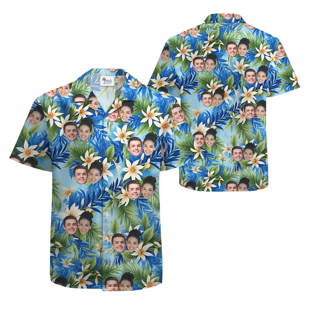 Vintage Blue Floral Hawaiian Shirt With Up To 5 Faces