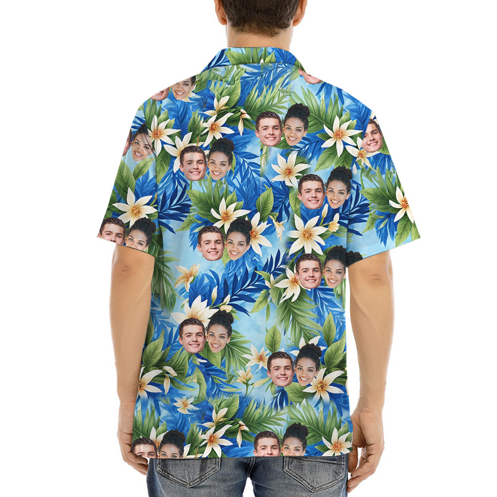 Vintage Blue Floral Hawaiian Shirt With Up To 5 Faces