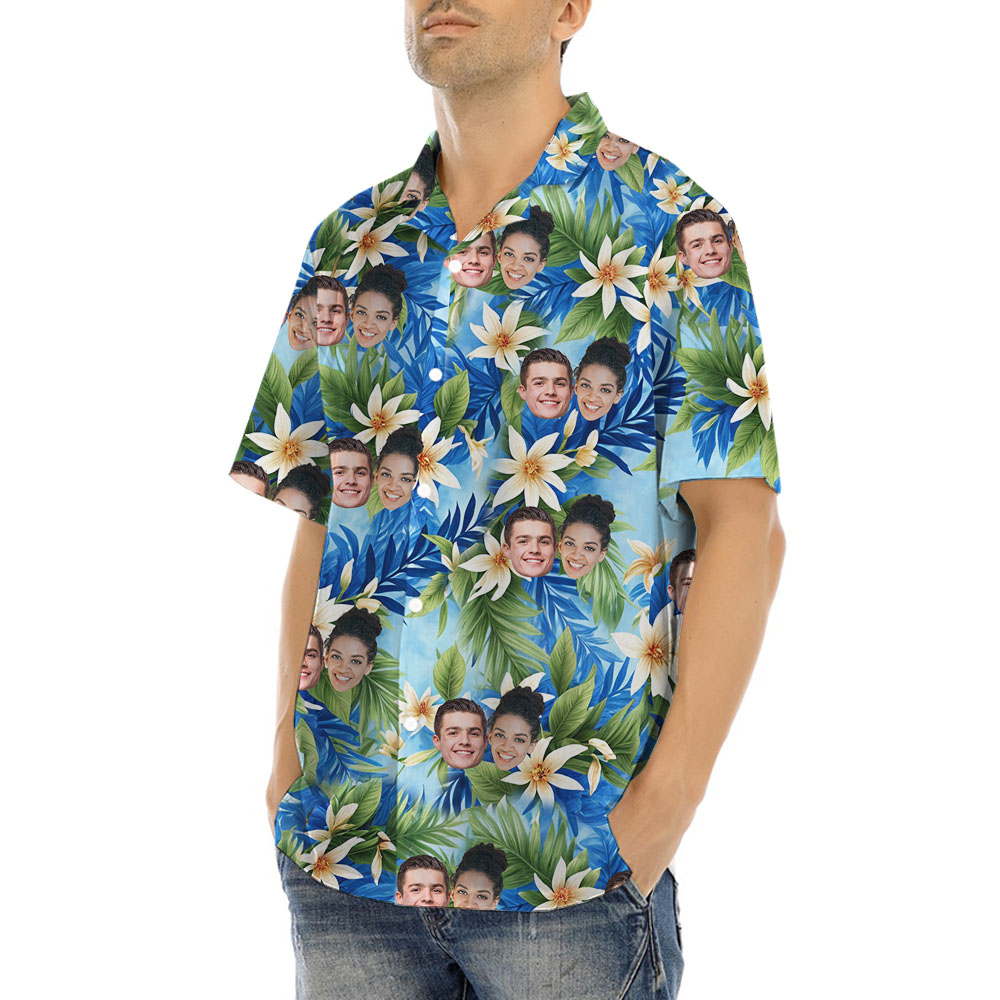 Vintage Blue Floral Hawaiian Shirt With Up To 5 Faces
