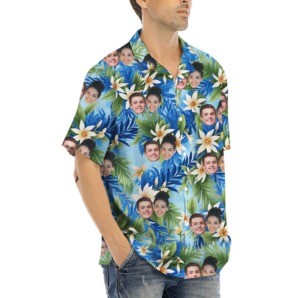 Vintage Blue Floral Hawaiian Shirt With Up To 5 Faces