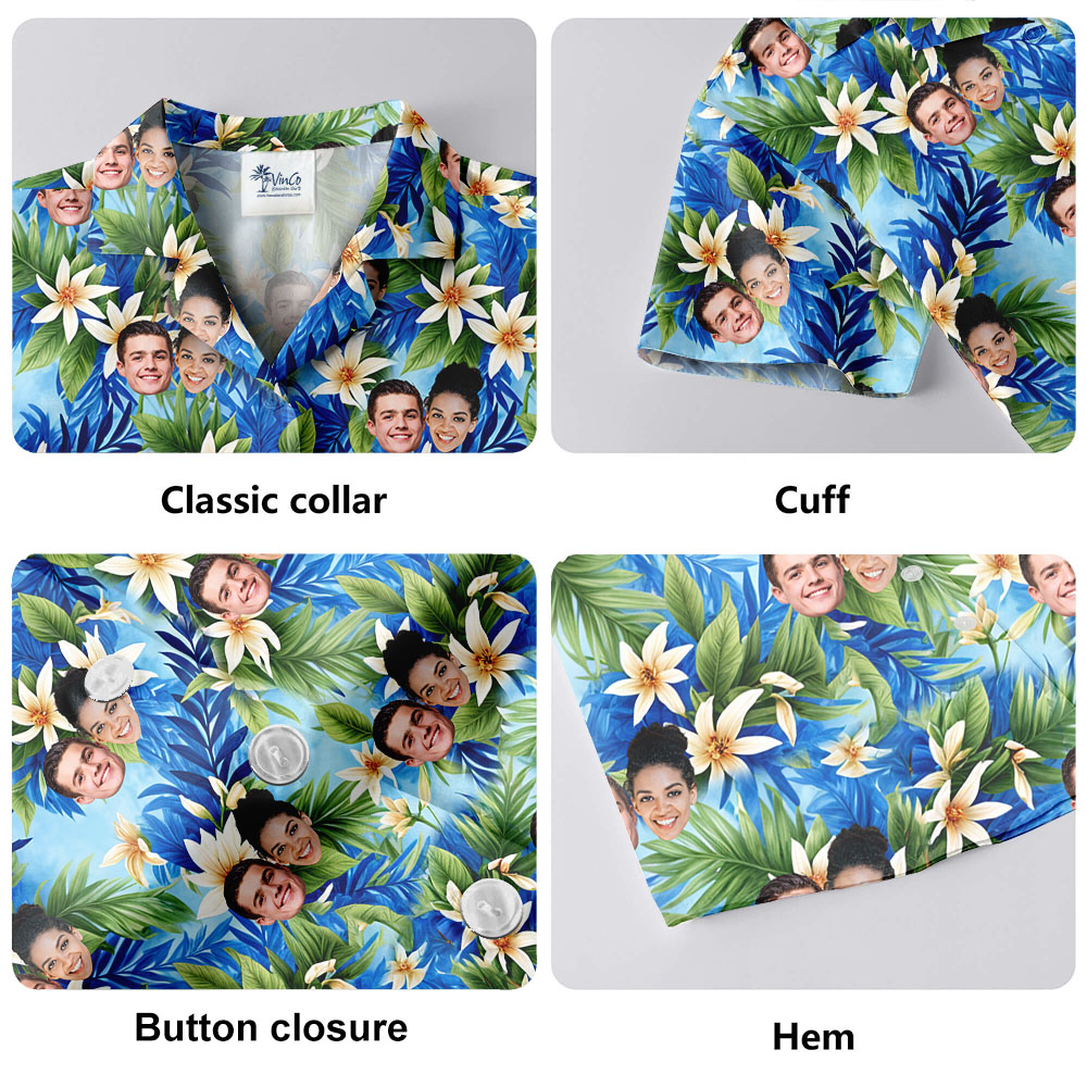 Vintage Blue Floral Hawaiian Shirt With Up To 5 Faces