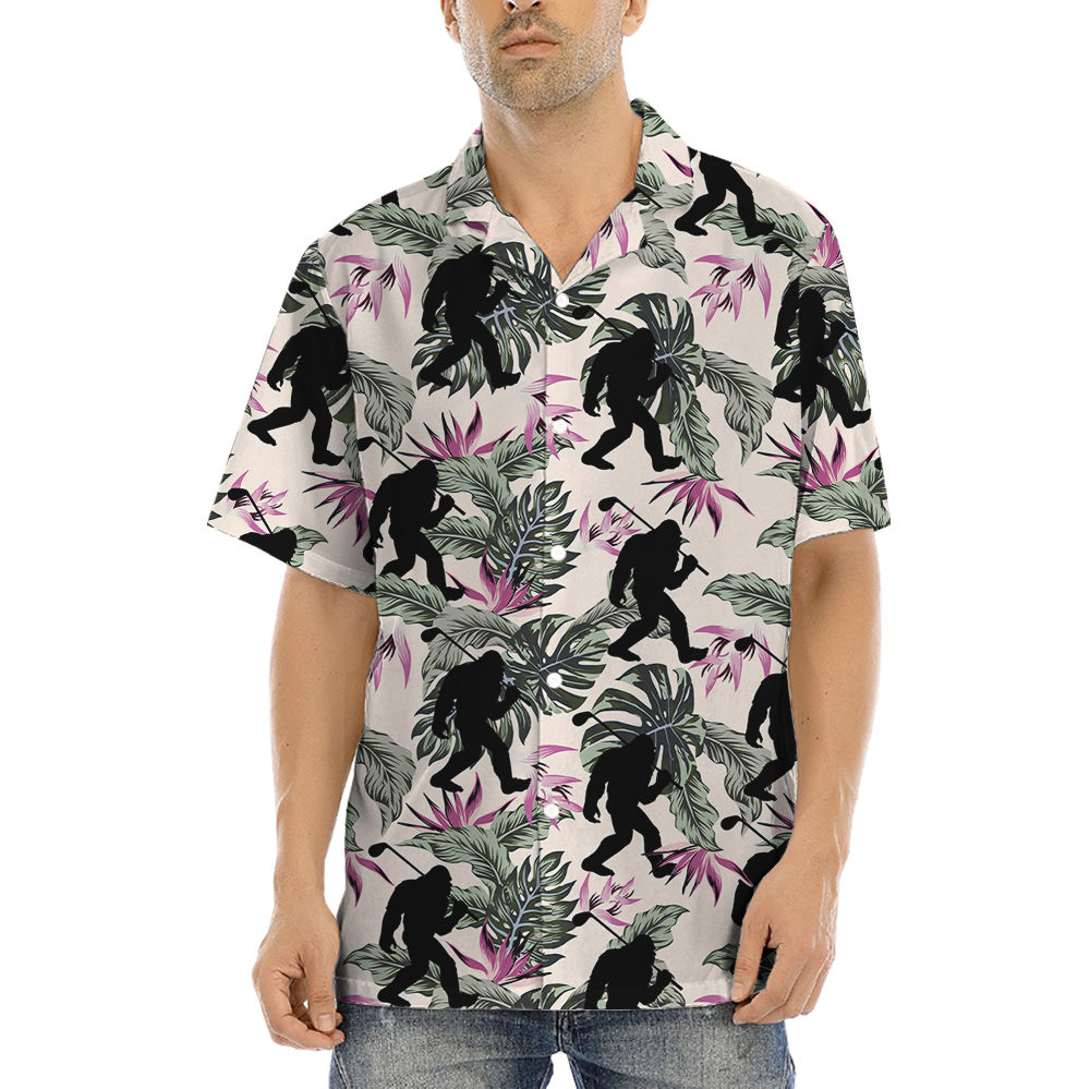 Funny Bigfoot Playing Golf Floral Aloha Shirt - variant image 1
