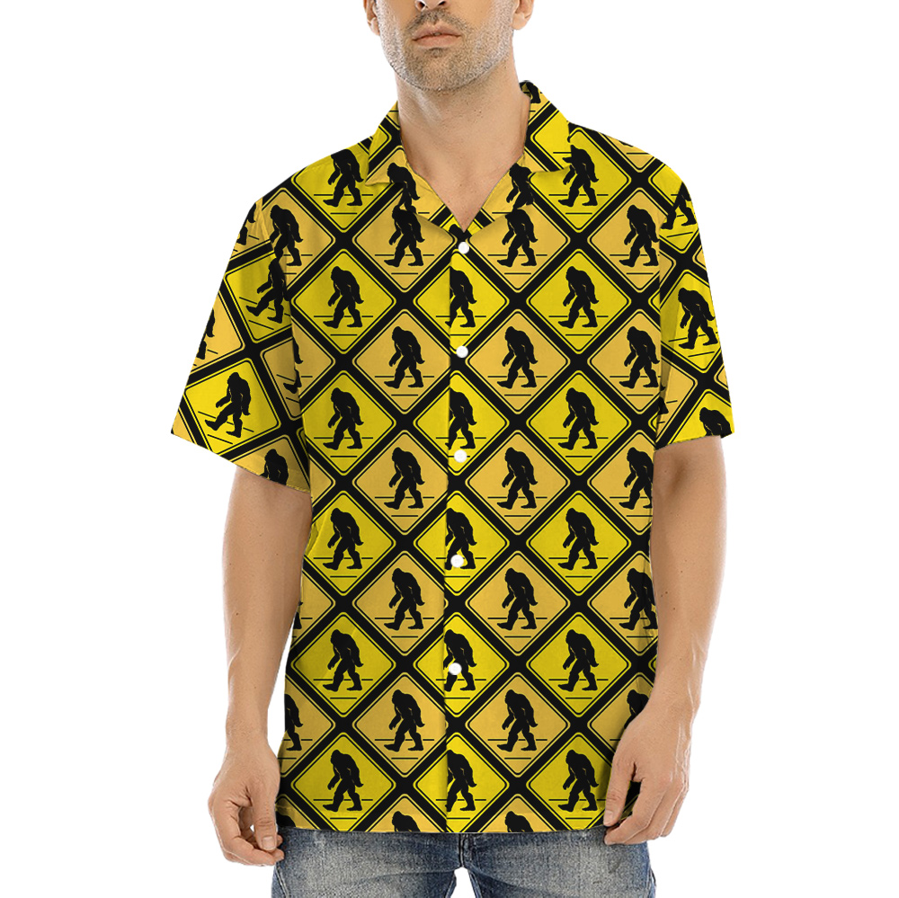 Yellow Square Diamond Pattern Caution Signs Bigfoot Hawaiian Shirt - variant image 1