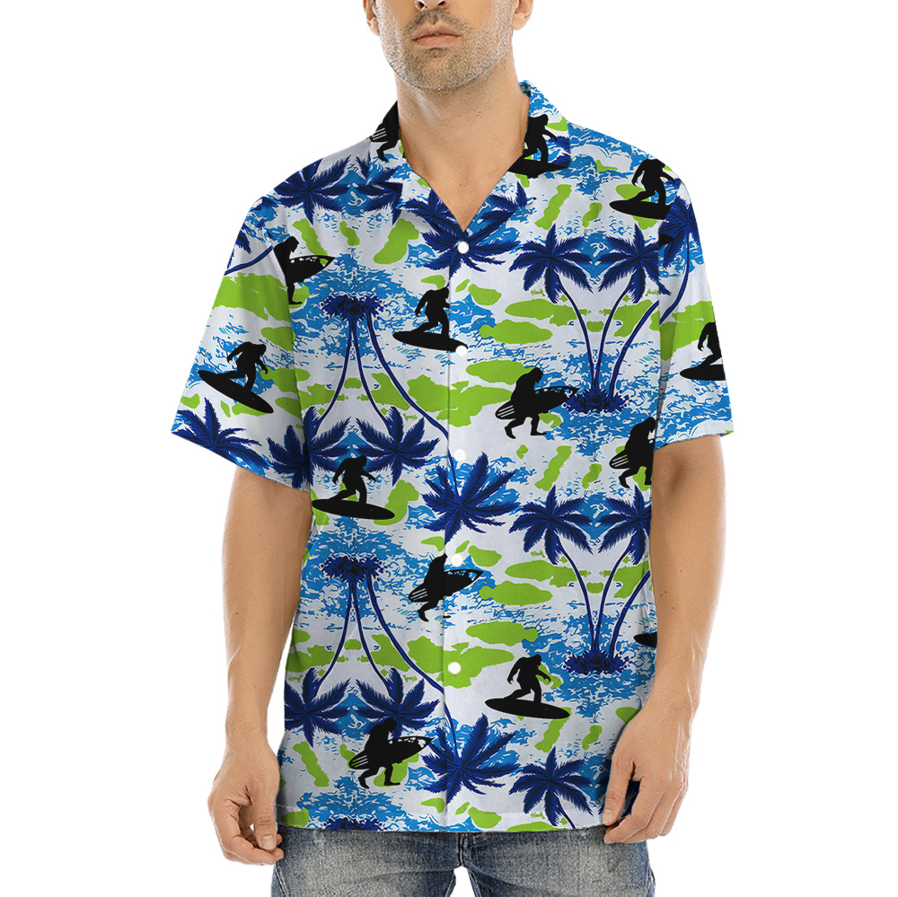 Surfing Sasquatch Tropical Palm Trees Hawaiian Shirt - variant image 1