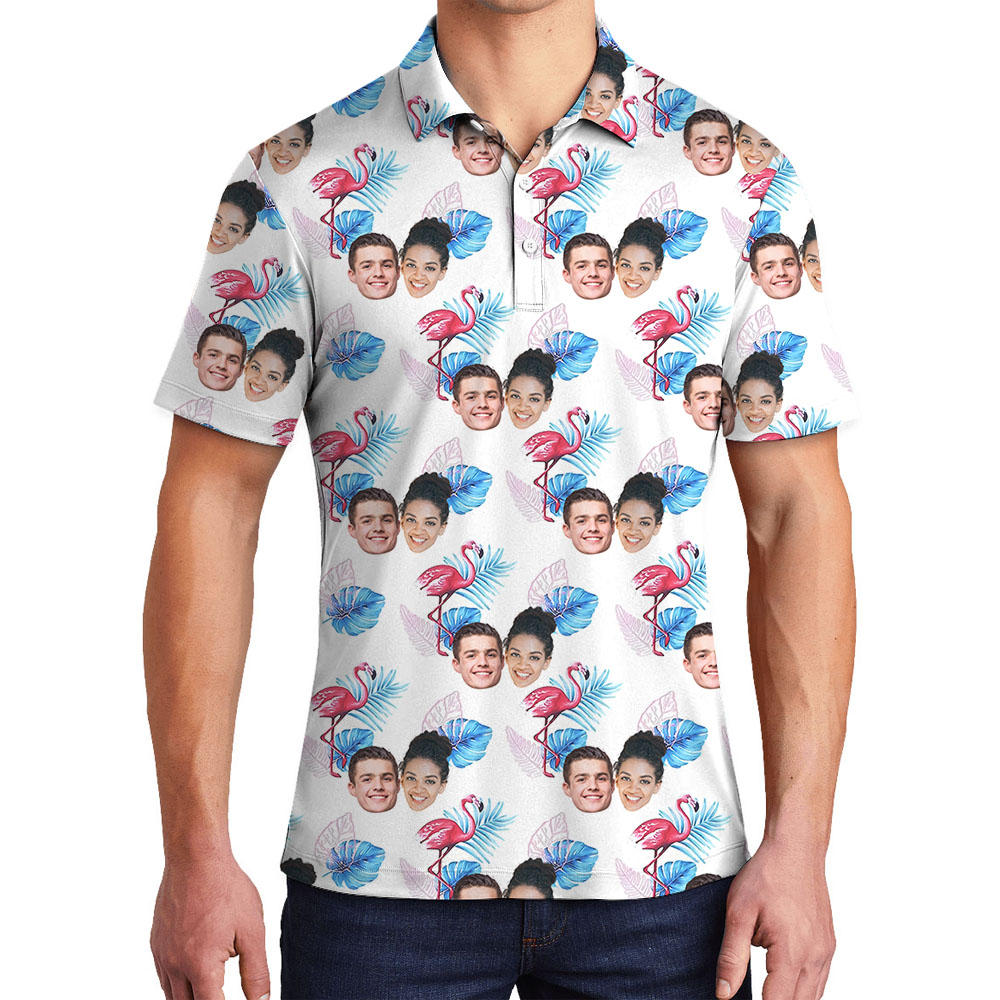 White And Pink Flamingo Collared Polo Shirt With Faces - variant image 1