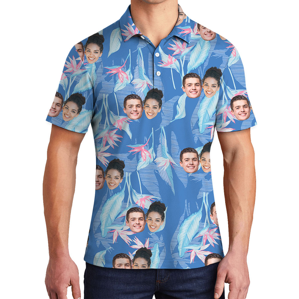 1-5 Photo Print Men's Collared Polo Shirt Blue - variant image 1