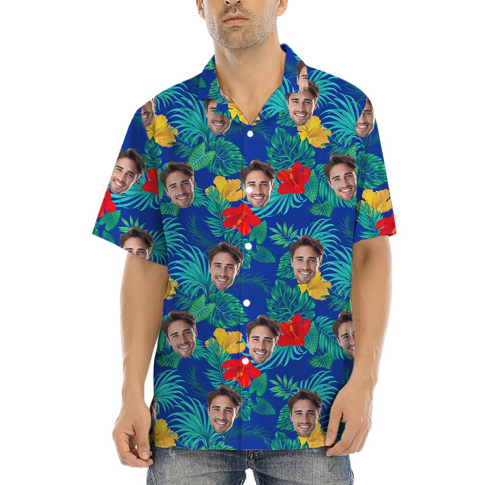 Put 1-5 Faces On Floral Hawaiian Shirts Blue - variant image 1