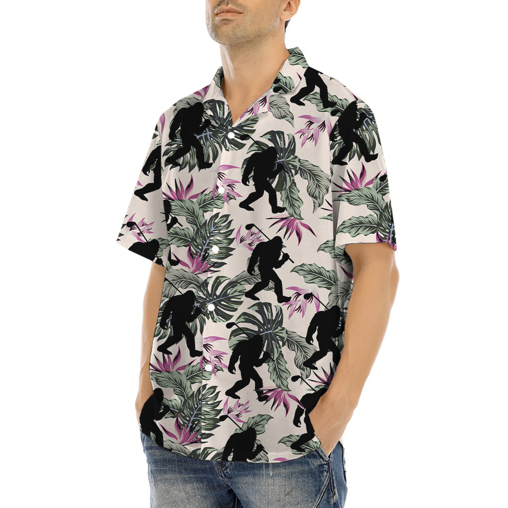 Funny Bigfoot Playing Golf Floral Aloha Shirt