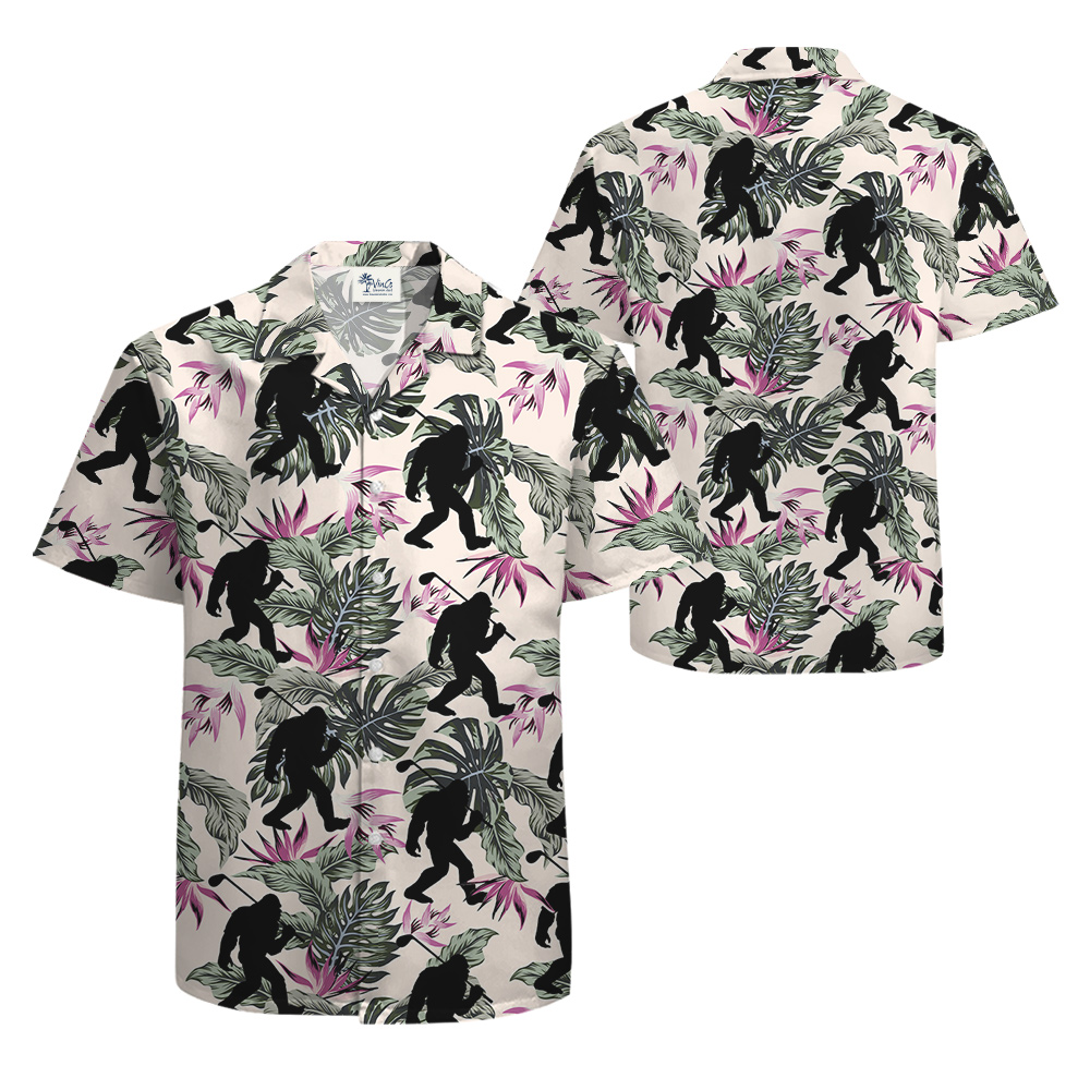 Funny Bigfoot Playing Golf Floral Aloha Shirt