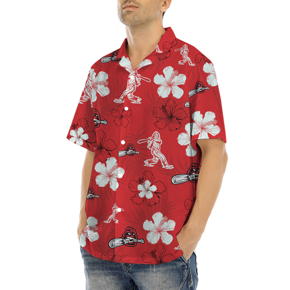 Bigfoot Baseball Hibiscus Red Hawaiian Shirt