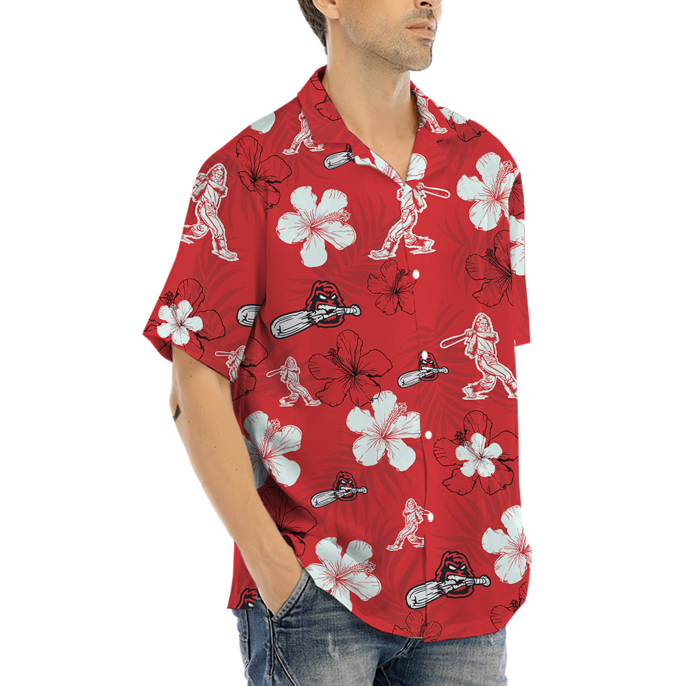 Bigfoot Baseball Hibiscus Red Hawaiian Shirt