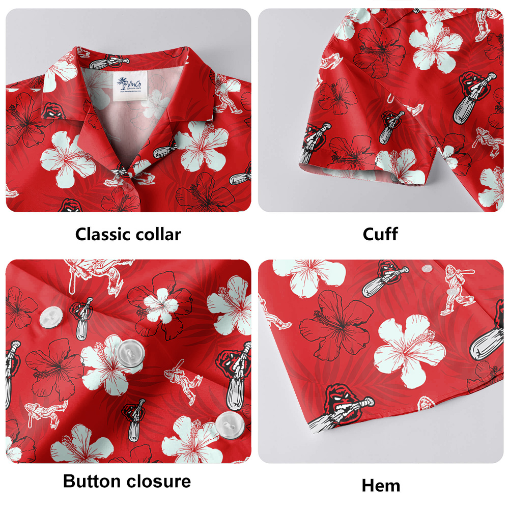 Bigfoot Baseball Hibiscus Red Hawaiian Shirt