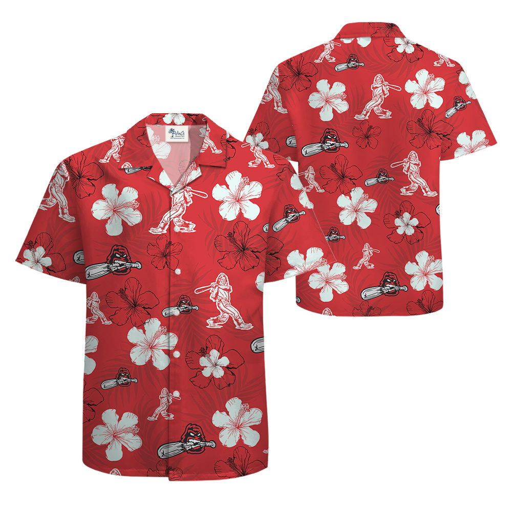 Bigfoot Baseball Hibiscus Red Hawaiian Shirt