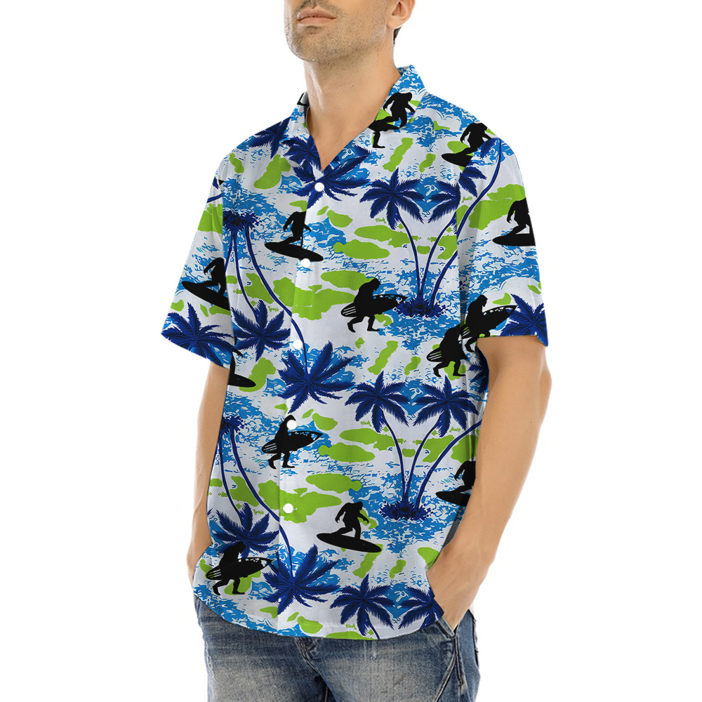 Surfing Sasquatch Tropical Palm Trees Hawaiian Shirt
