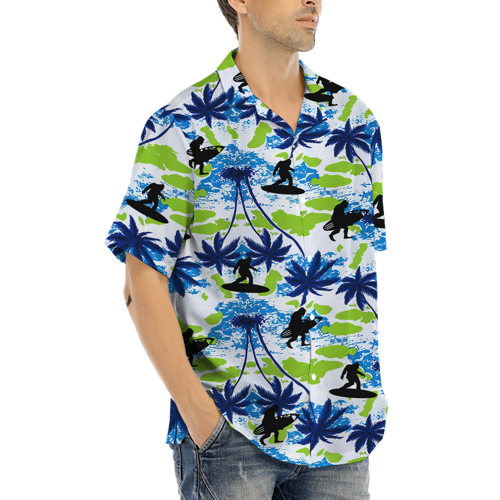 Surfing Sasquatch Tropical Palm Trees Hawaiian Shirt
