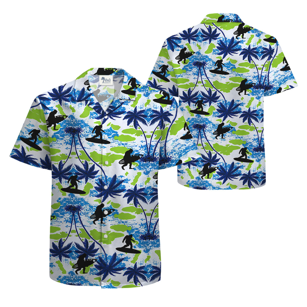 Surfing Sasquatch Tropical Palm Trees Hawaiian Shirt