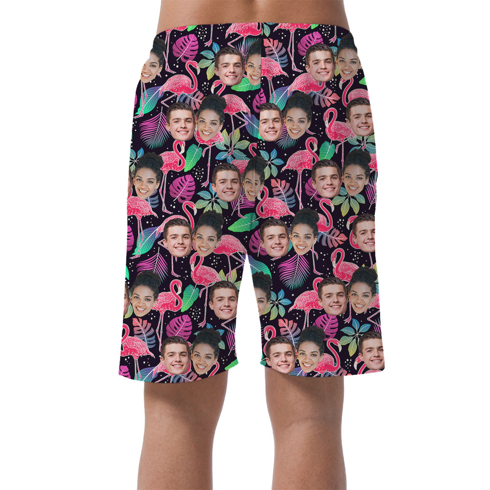 Personalized Faces On Men's Beach Shorts With Flamingo