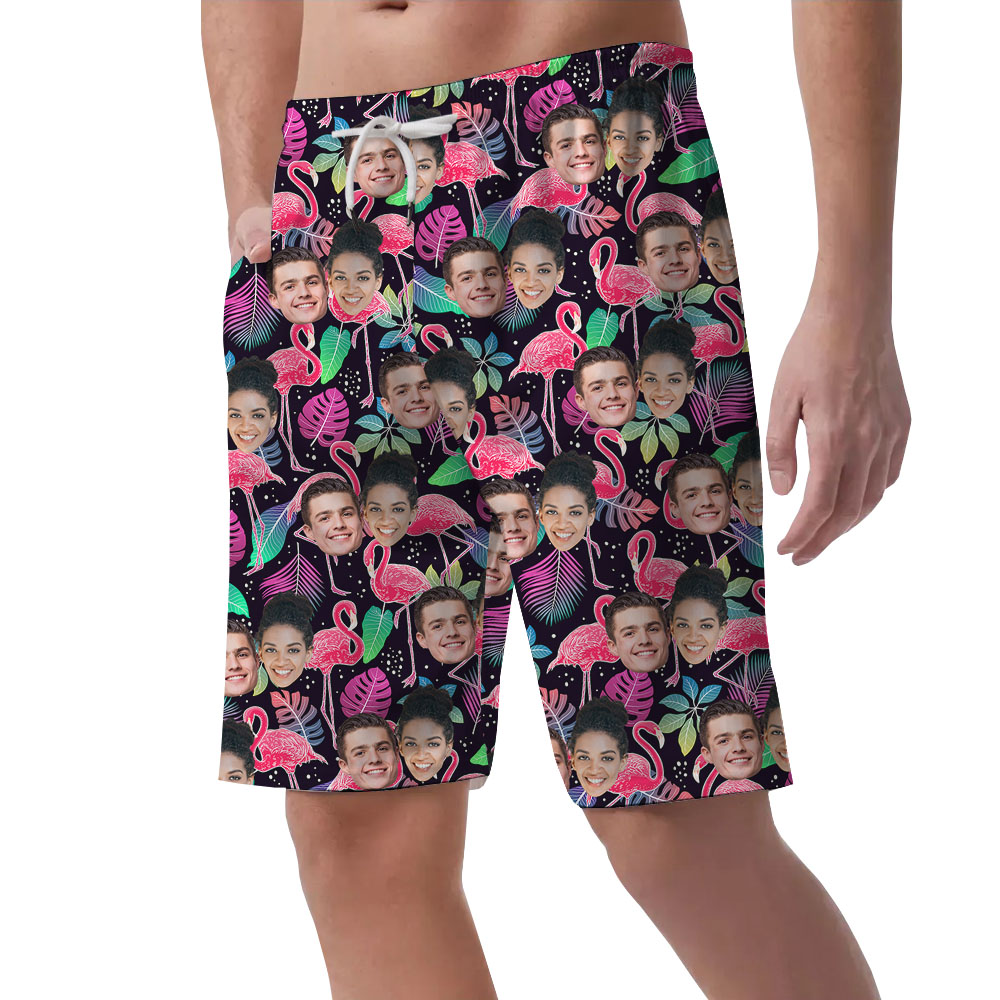 Personalized Faces On Men's Beach Shorts With Flamingo