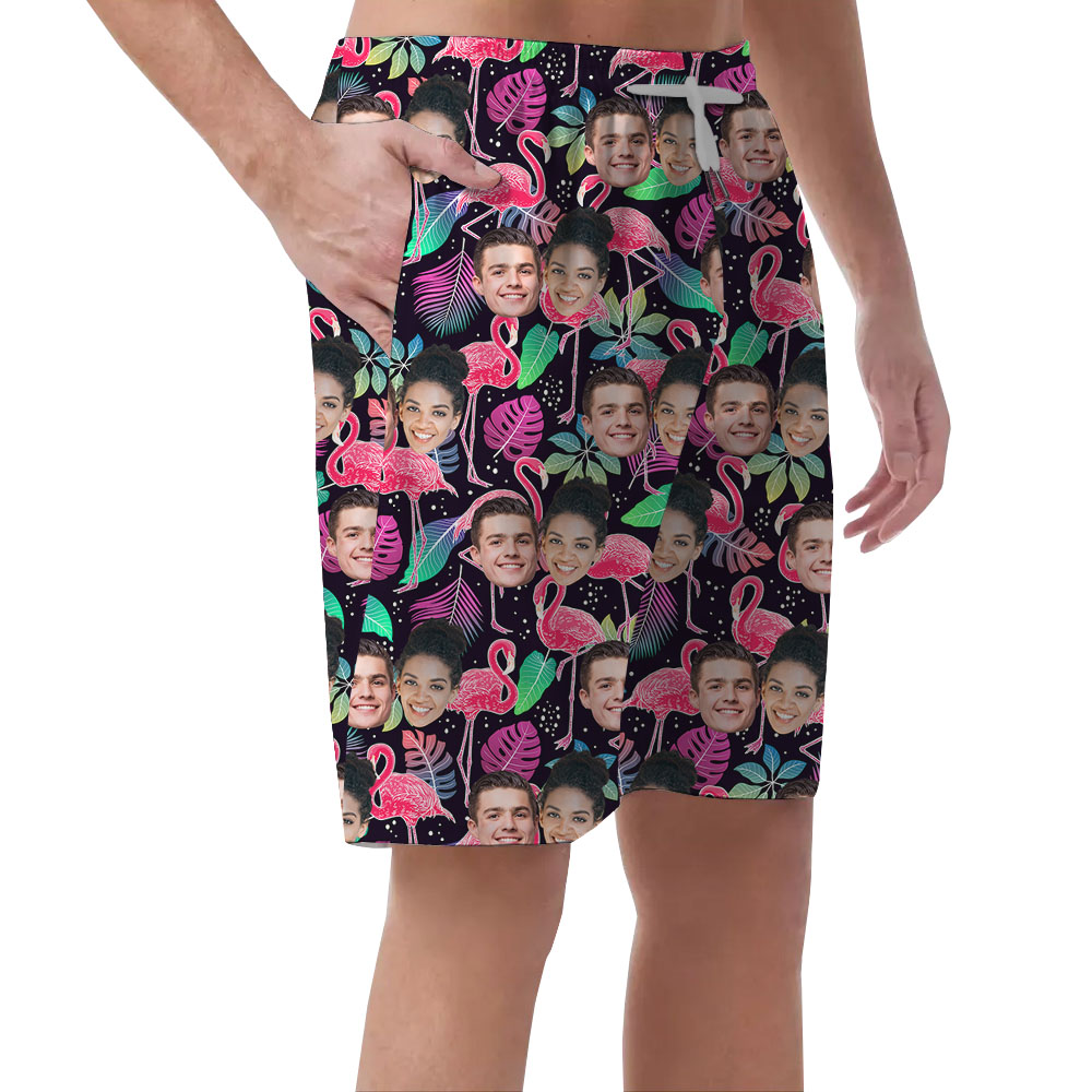 Personalized Faces On Men's Beach Shorts With Flamingo