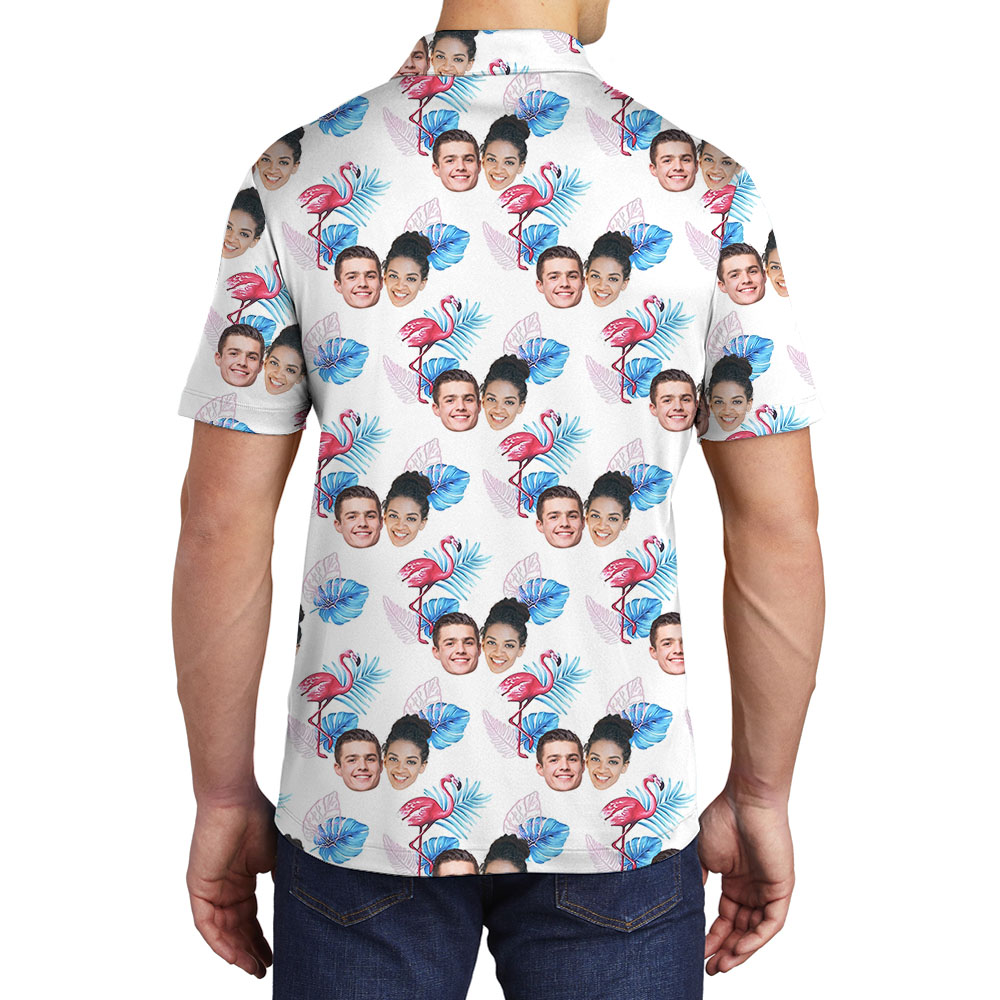 White And Pink Flamingo Collared Polo Shirt With Faces