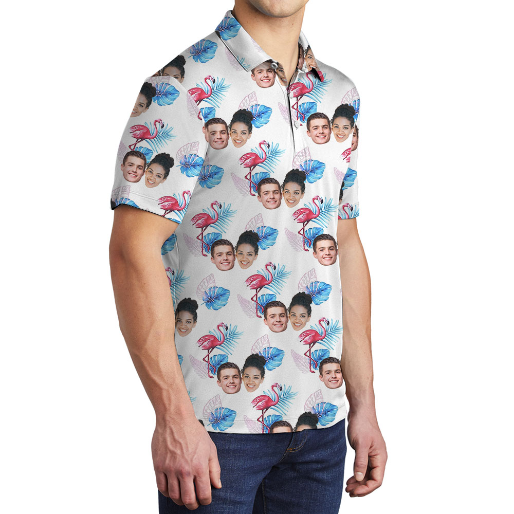White And Pink Flamingo Collared Polo Shirt With Faces