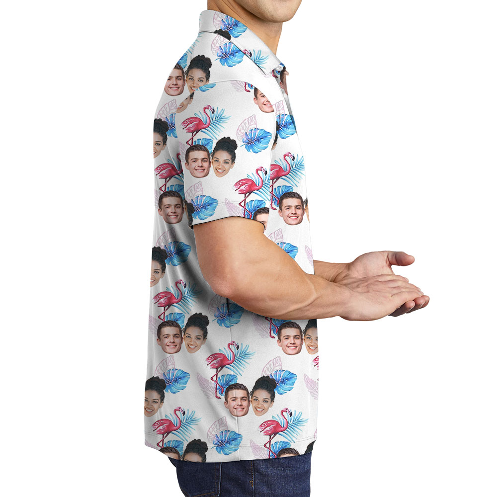 White And Pink Flamingo Collared Polo Shirt With Faces