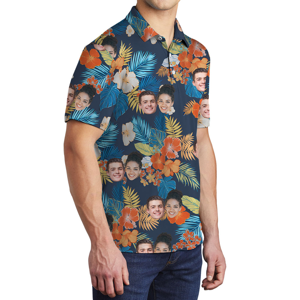 Flower Print Men's Collared Golf Shirt With 1-5 Faces