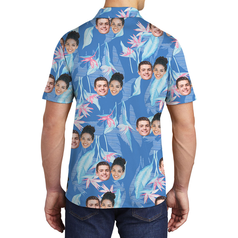 1-5 Photo Print Men's Collared Polo Shirt Blue