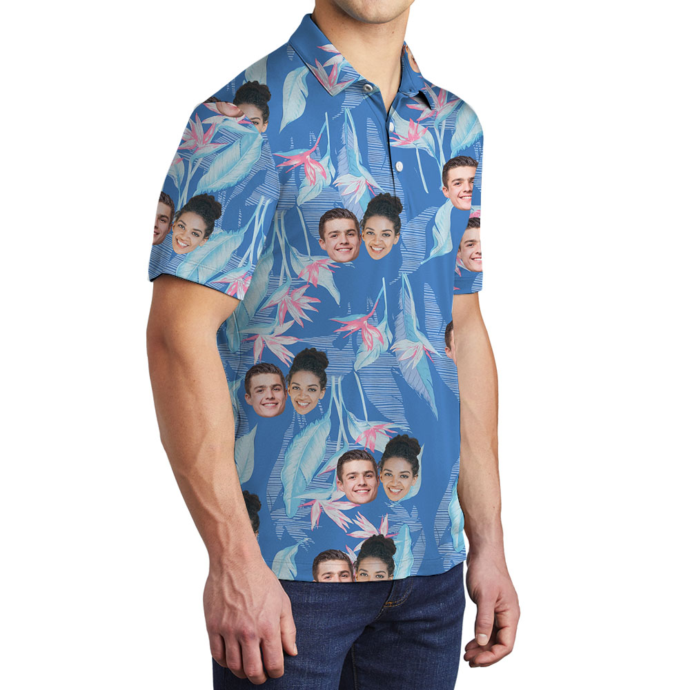 1-5 Photo Print Men's Collared Polo Shirt Blue