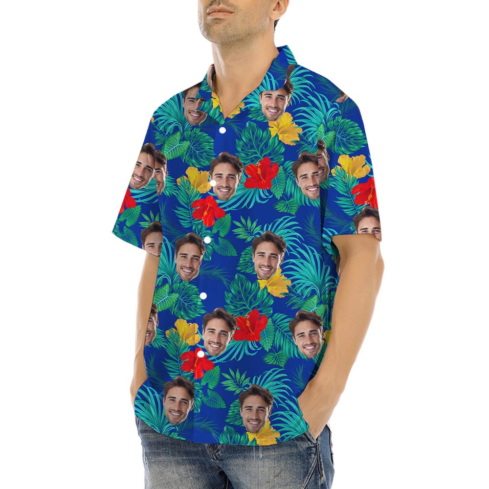 Put 1-5 Faces On Floral Hawaiian Shirts Blue