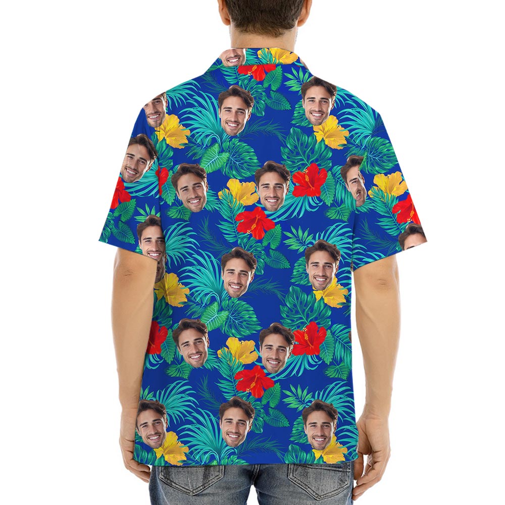 Put 1-5 Faces On Floral Hawaiian Shirts Blue