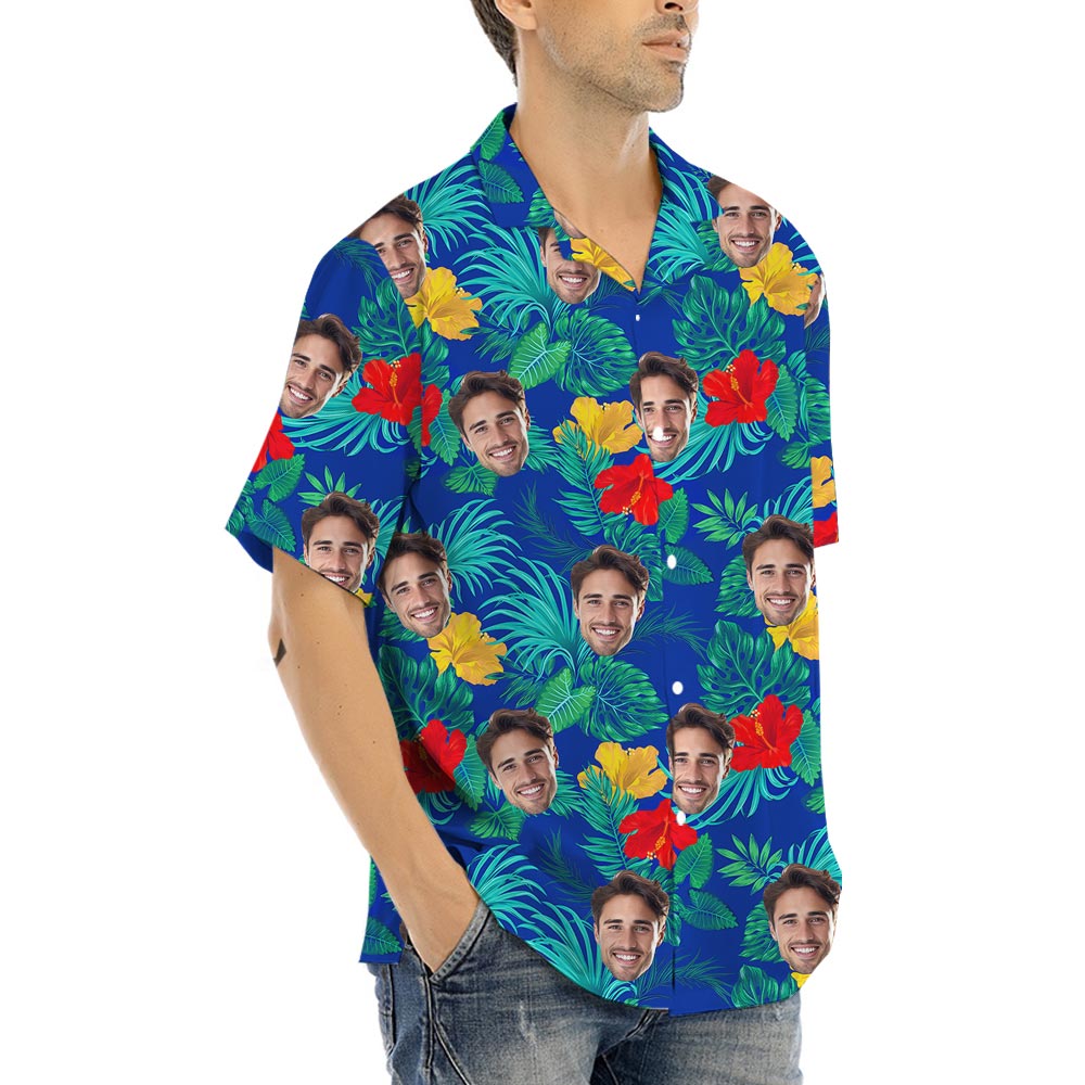 Put 1-5 Faces On Floral Hawaiian Shirts Blue