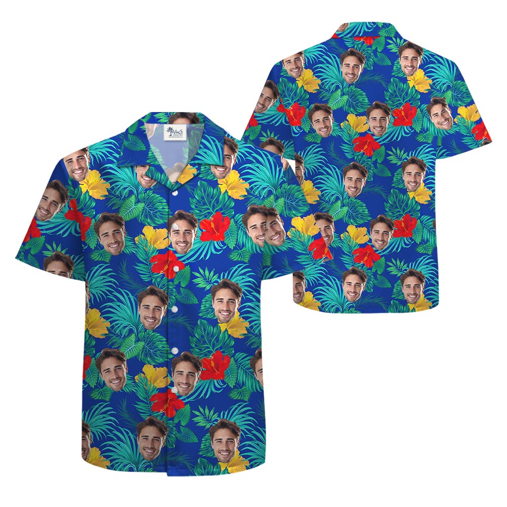 Put 1-5 Faces On Floral Hawaiian Shirts Blue