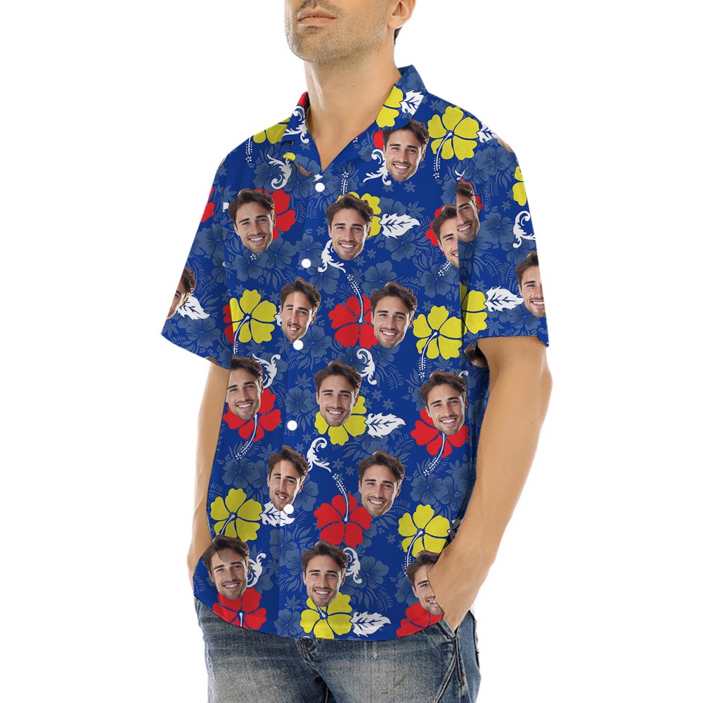 Blue Custom Tropical Shirt With 1-5 Faces For Men