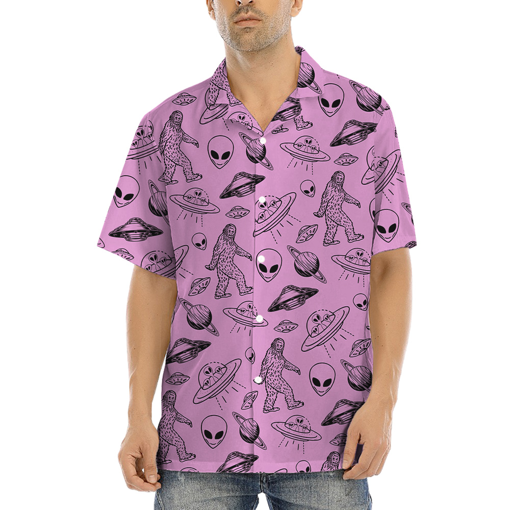 UFO Alien and Bigfoot Pink Hawaiian Shirt - variant image 1