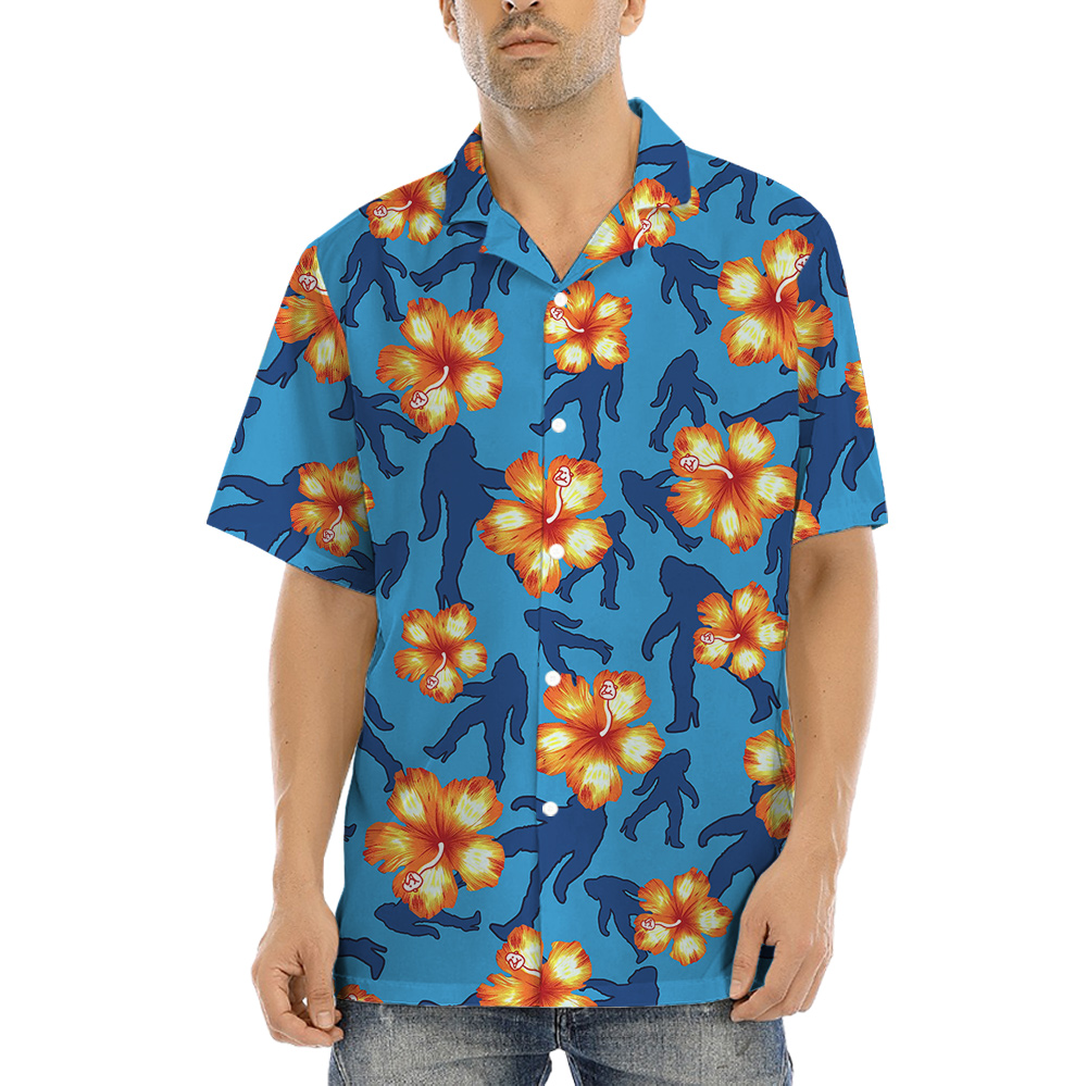 Funny Bigfoot On High Heels Blue Floral Hawaiian Shirt - variant image 1